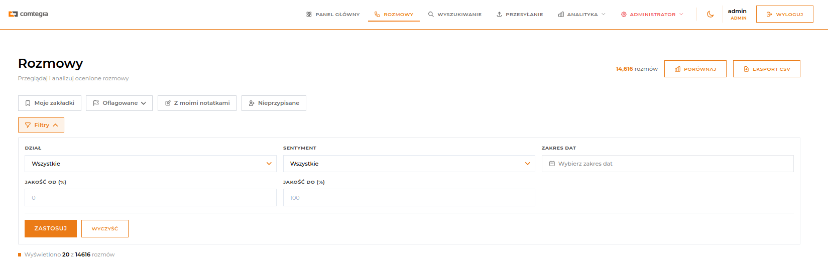 Interfejs tabeli danych zarządzania rozmowami wyświetlający zorganizowane rekordy rozmów z zaawansowanymi możliwościami sortowania, wielokryteriowym systemem filtrowania, śledzeniem wydajności konsultantów i kontrolami akcji masowych dla efektywnego zarządzania jakością call center