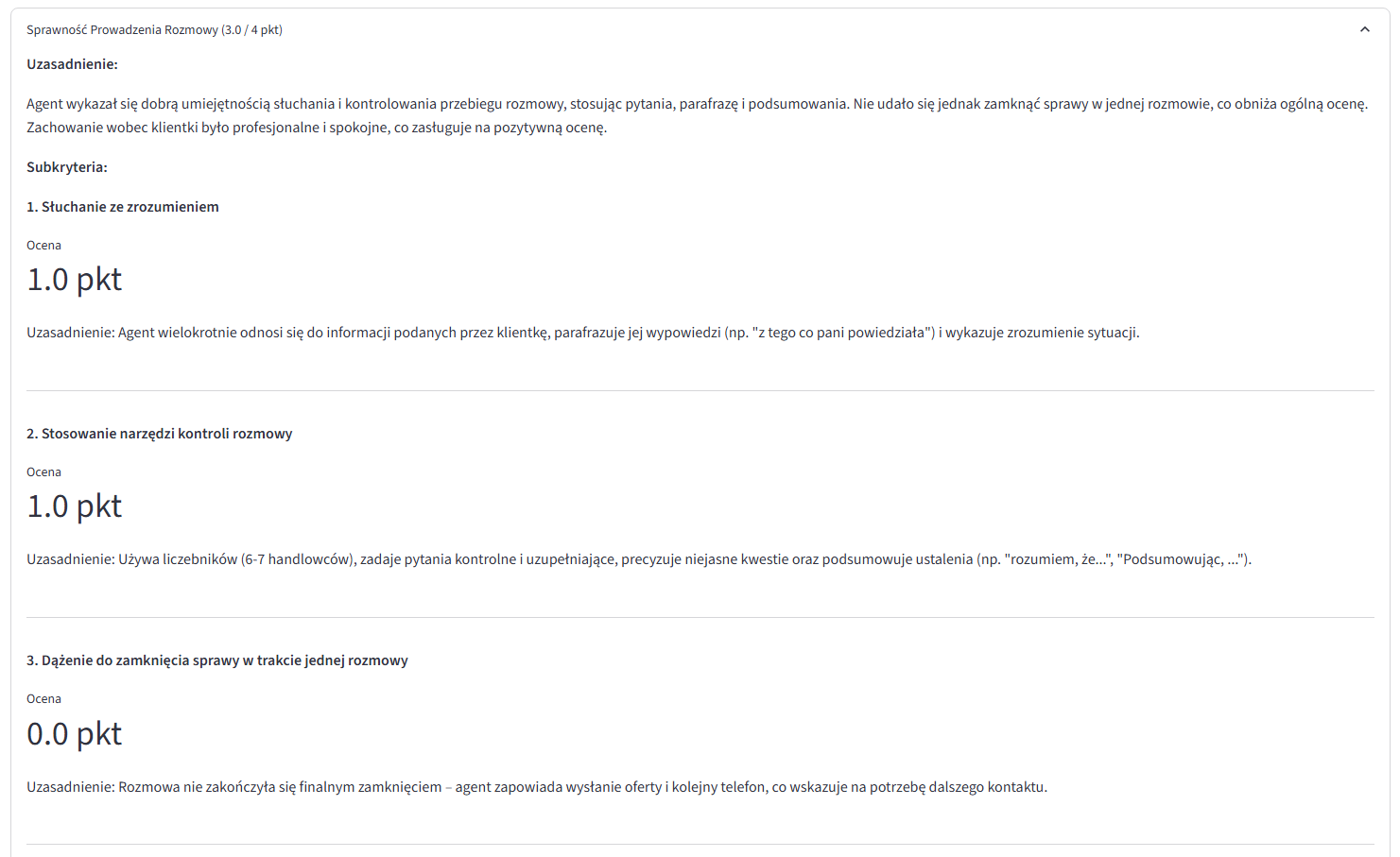 Comprehensive quality assessment breakdown interface showing detailed scoring for each evaluation criteria with specific improvement recommendations, performance indicators, and actionable feedback for consultant development